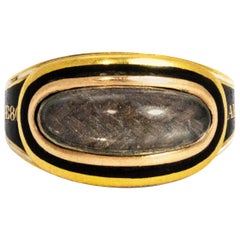 Georgian Enamel and Cabochon Crystal 18 Carat Gold Mourning Ring