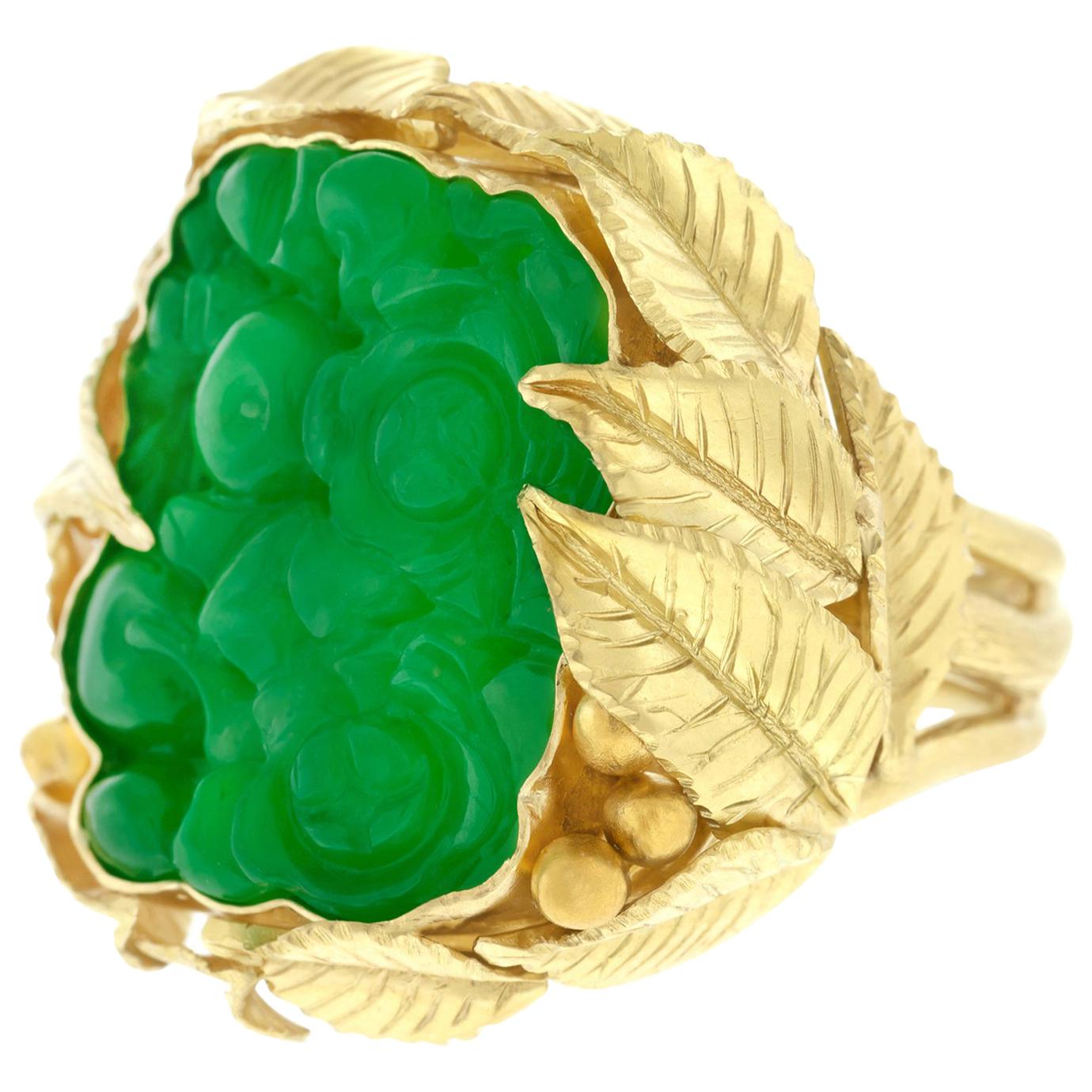 Antique Carved Jade in a One-of-a-Kind Gold Ring AGL Report For Sale