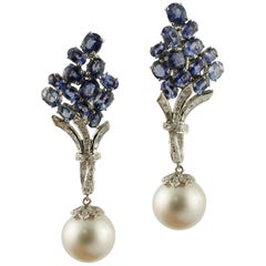 Vintage Diamonds, Blue Sapphires, Australian Pearls, 18 Karat White Gold Earrings