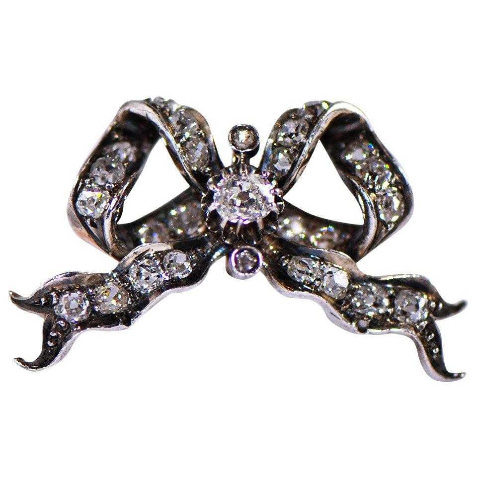 Antique Louis XVI Style Diamond Bow Brooch For Sale