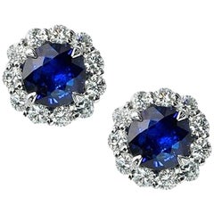 2.55 Carat Royal Blue Sapphire and 1.25 Carat Diamond Studs in 14k White Gold