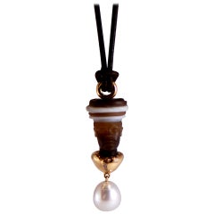 Agate Pearl and Diamond African Golden Pendant