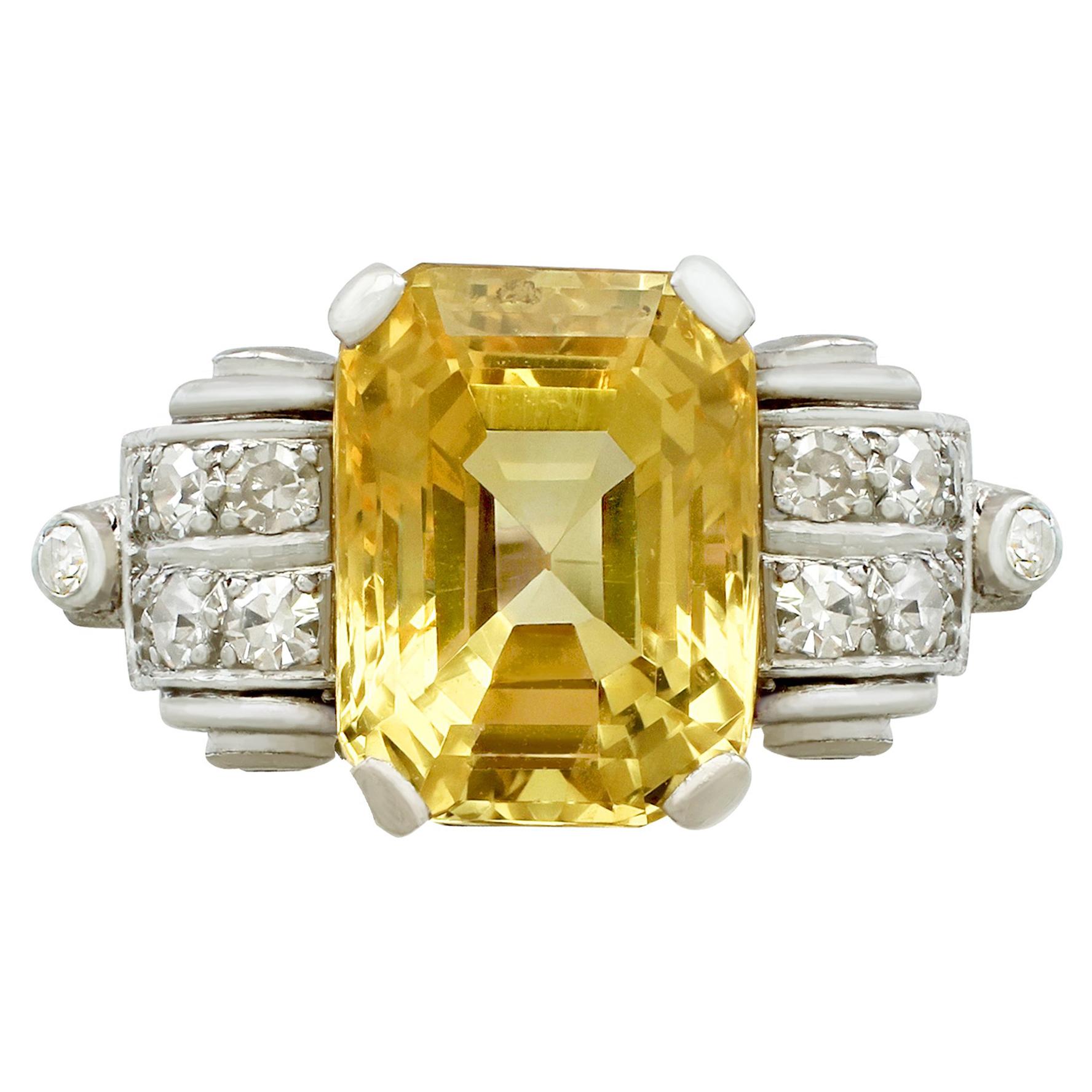 A stunning antique 5.52 carat yellow sapphire and 0.50 carat diamond, platinum dress ring; part of our diverse antique jewellery and estate jewelry collections.

This stunning, fine and impressive antique yellow sapphire and diamond ring has been