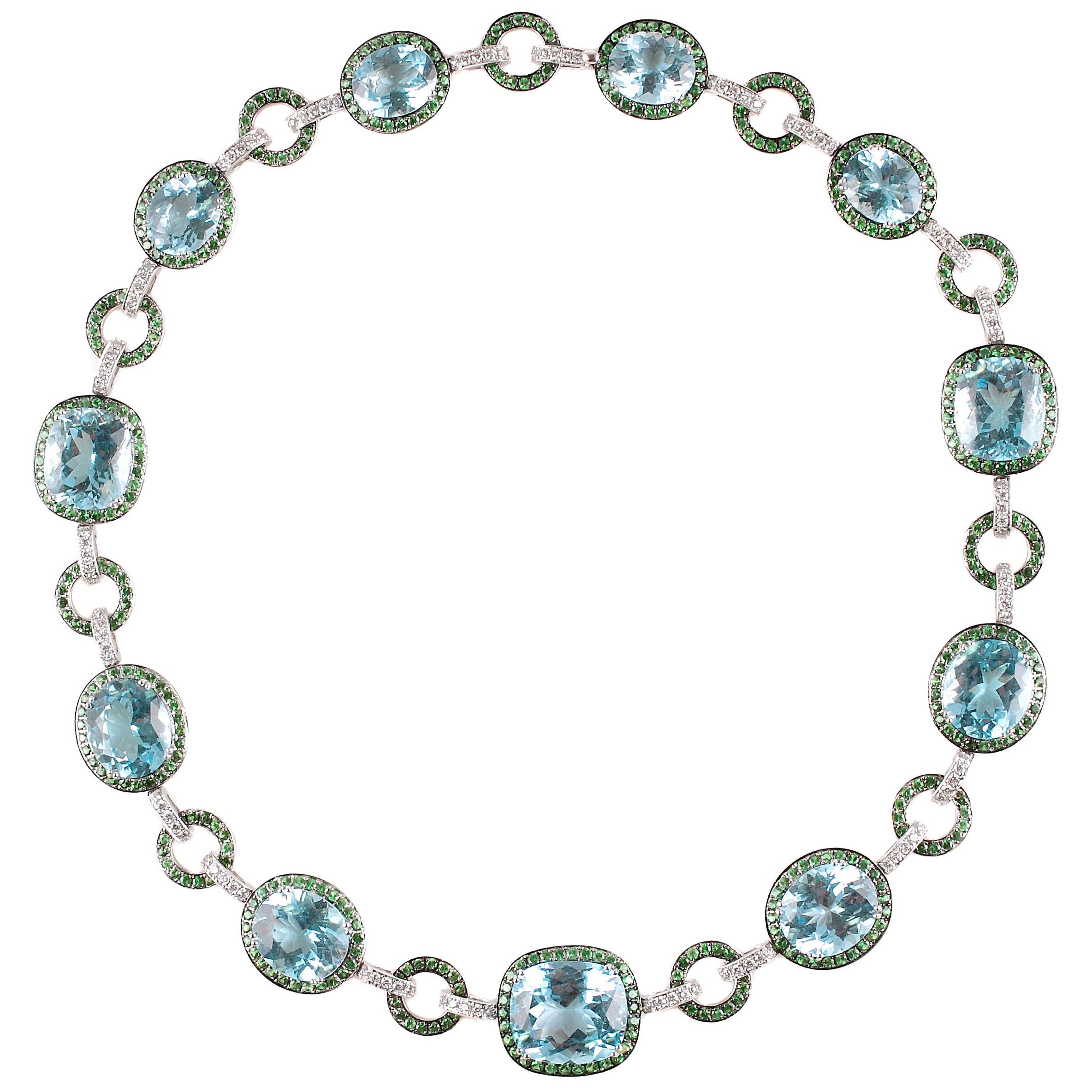 90.84 Carat Blue Topaz 9.00 Carat Tsavorite 2.25 Carat Diamond Necklace