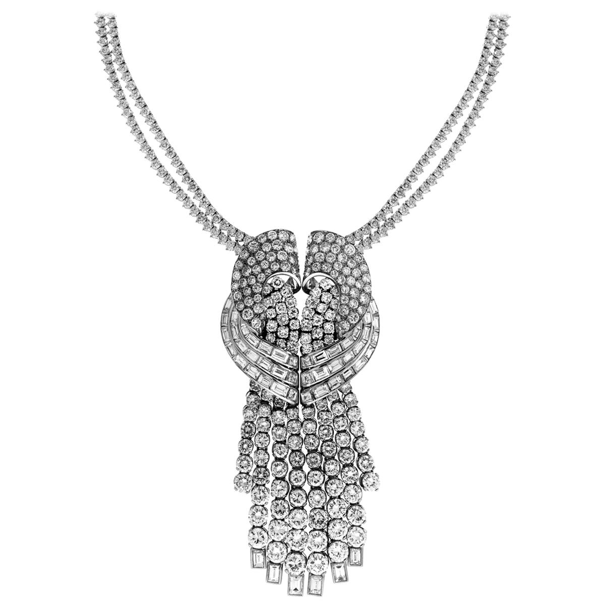 Platinum Large Dangling Baguette Round Diamond Pendant Double Tennis Necklace