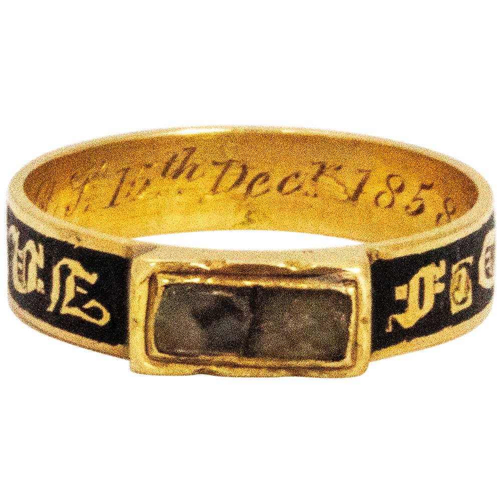 Mid Victorian Glazed Locket Front 18 Carat Gold and Enamel Mourning Ring