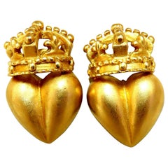 Matte Finish Royal Crest Heart Crowned Earrings Retro Omega Clips 14 Karat Gold