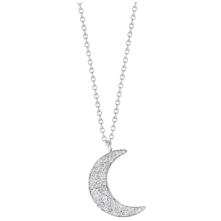 18 Karat Large Pavé Diamond Moon Pendant Necklace For Sale at 1stDibs ...