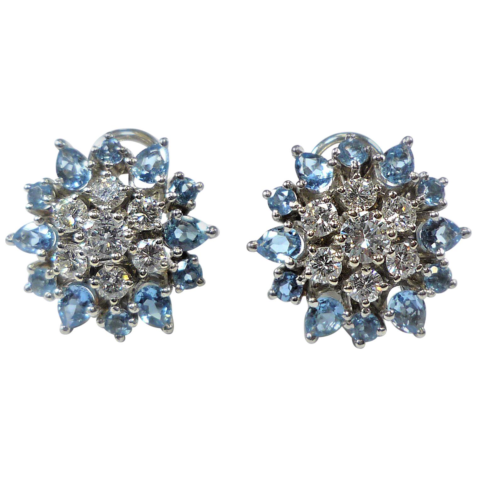 Topaz and Diamond Platinum Blossom Earclips For Sale