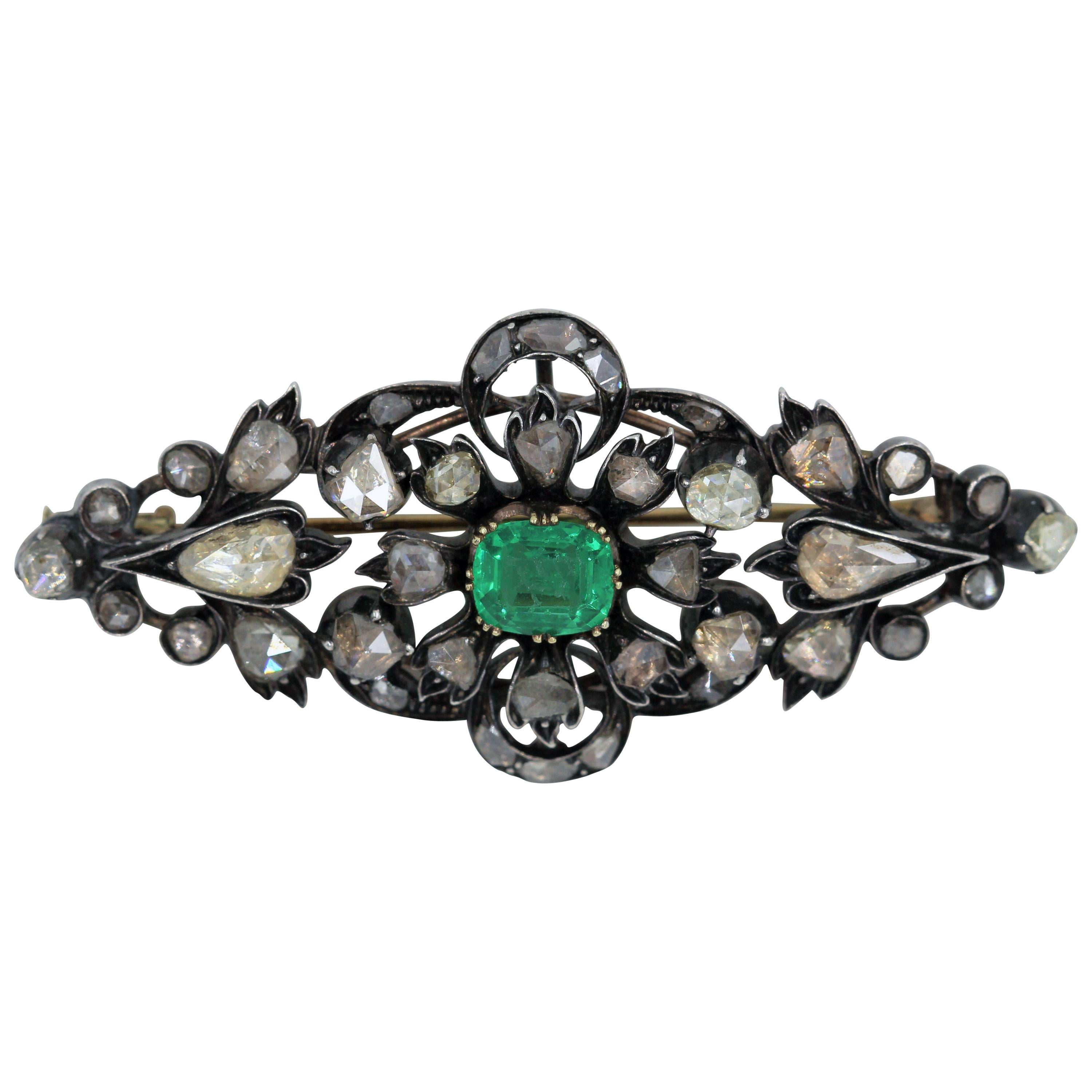 Vintage Turn of the Century Diamond and Emerald Brooch with Rose Cut Old Mine For Sale
