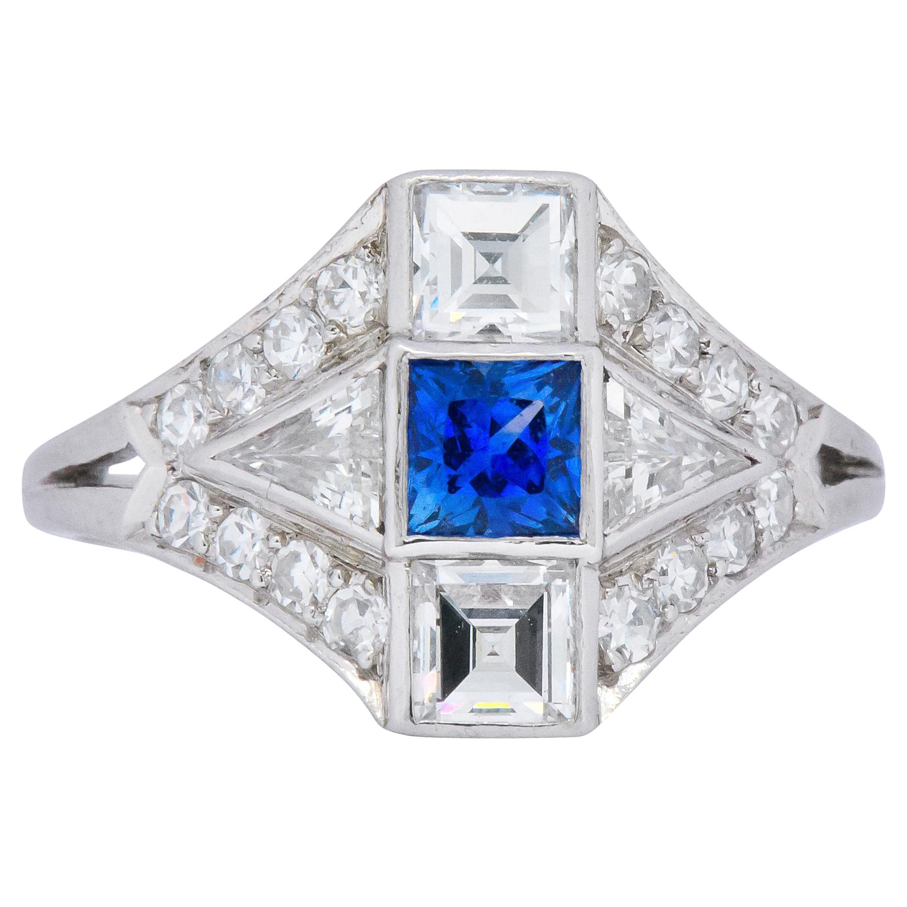 Art Deco 1.70 Carat Sapphire Diamond Platinum Ring