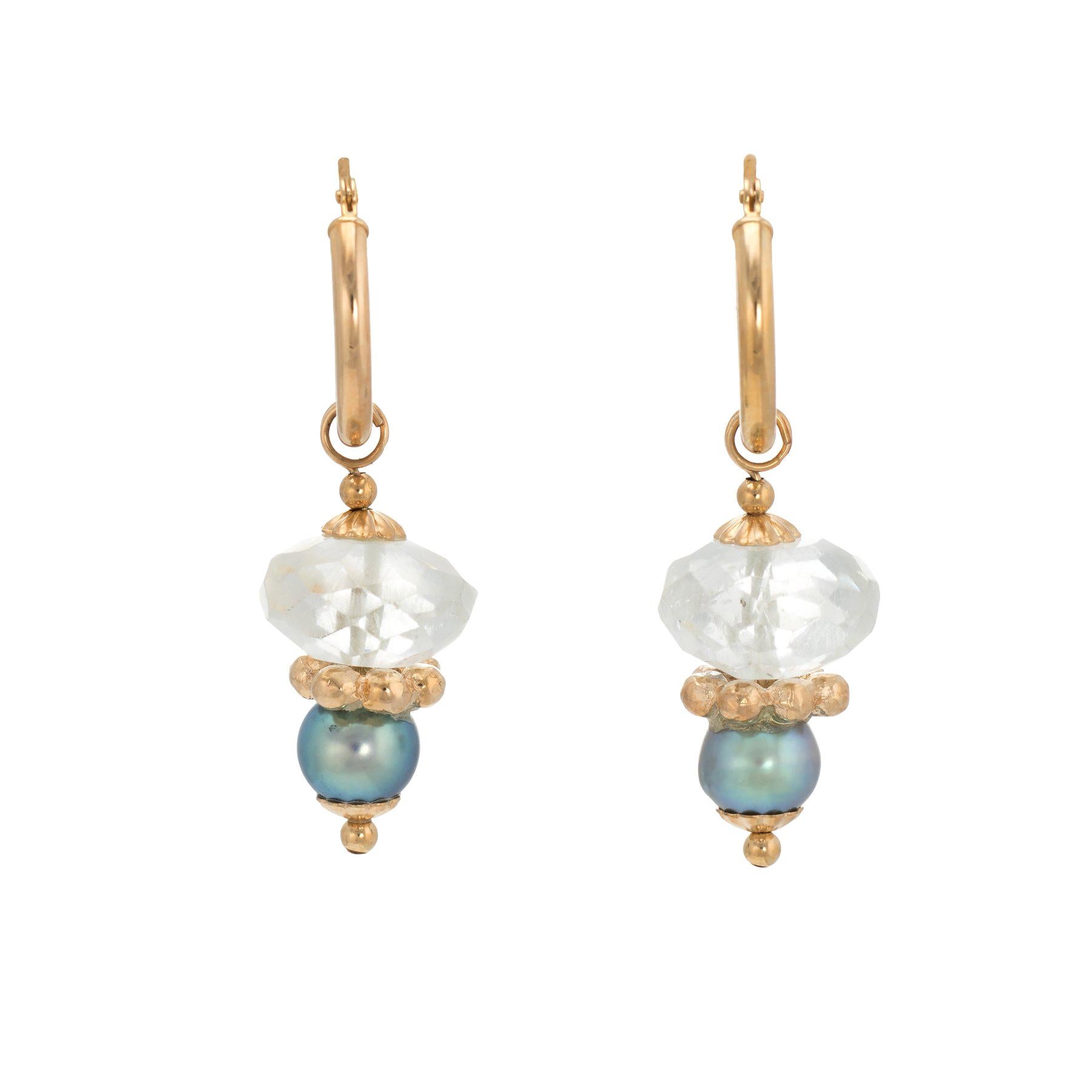 Estate Cultured Pearl Hoop Earrings White Quartz 14 Karat Gold Vintage Jewelry