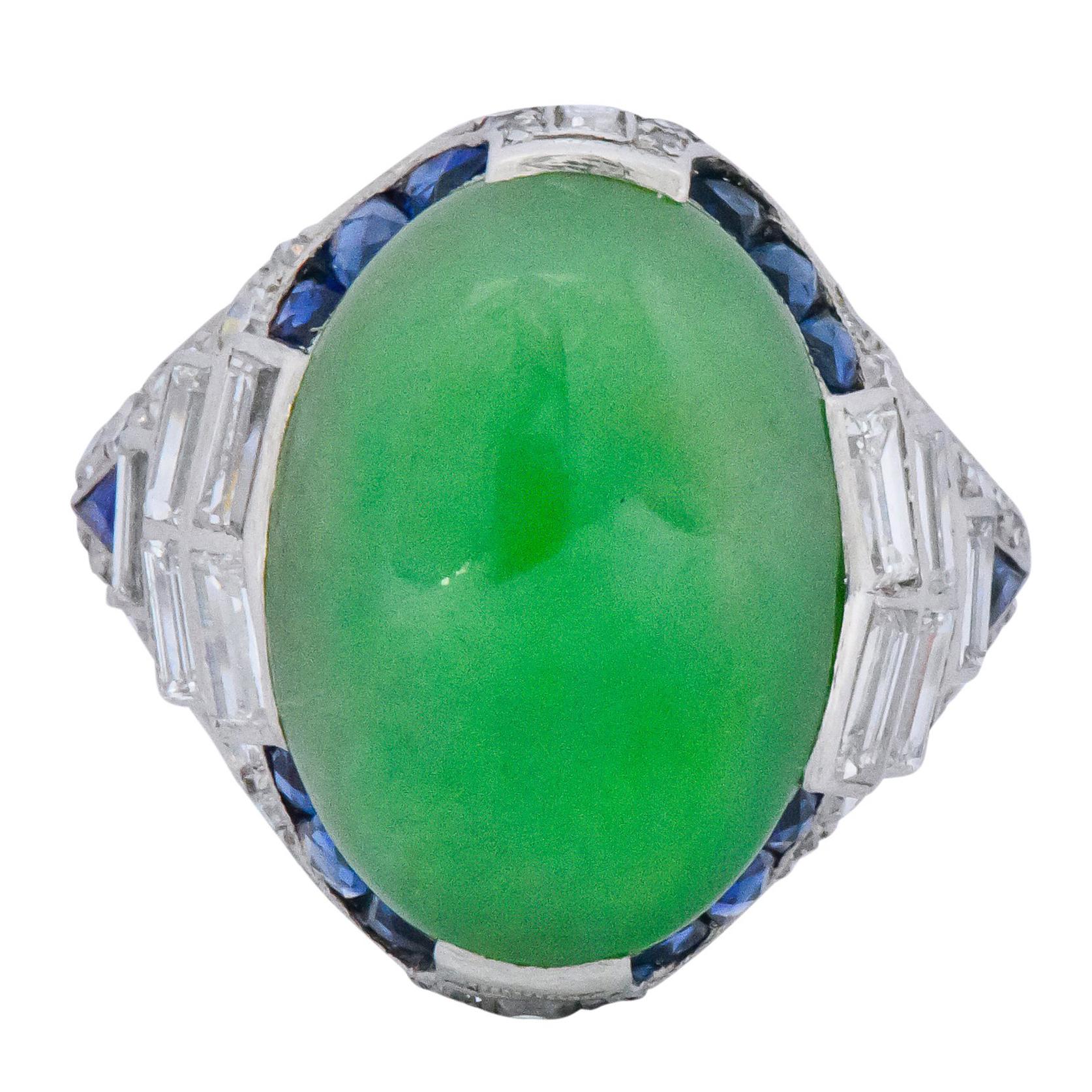 Art Deco 3.85 Carat Jadeite Diamond Sapphire Platinum Ring GIA