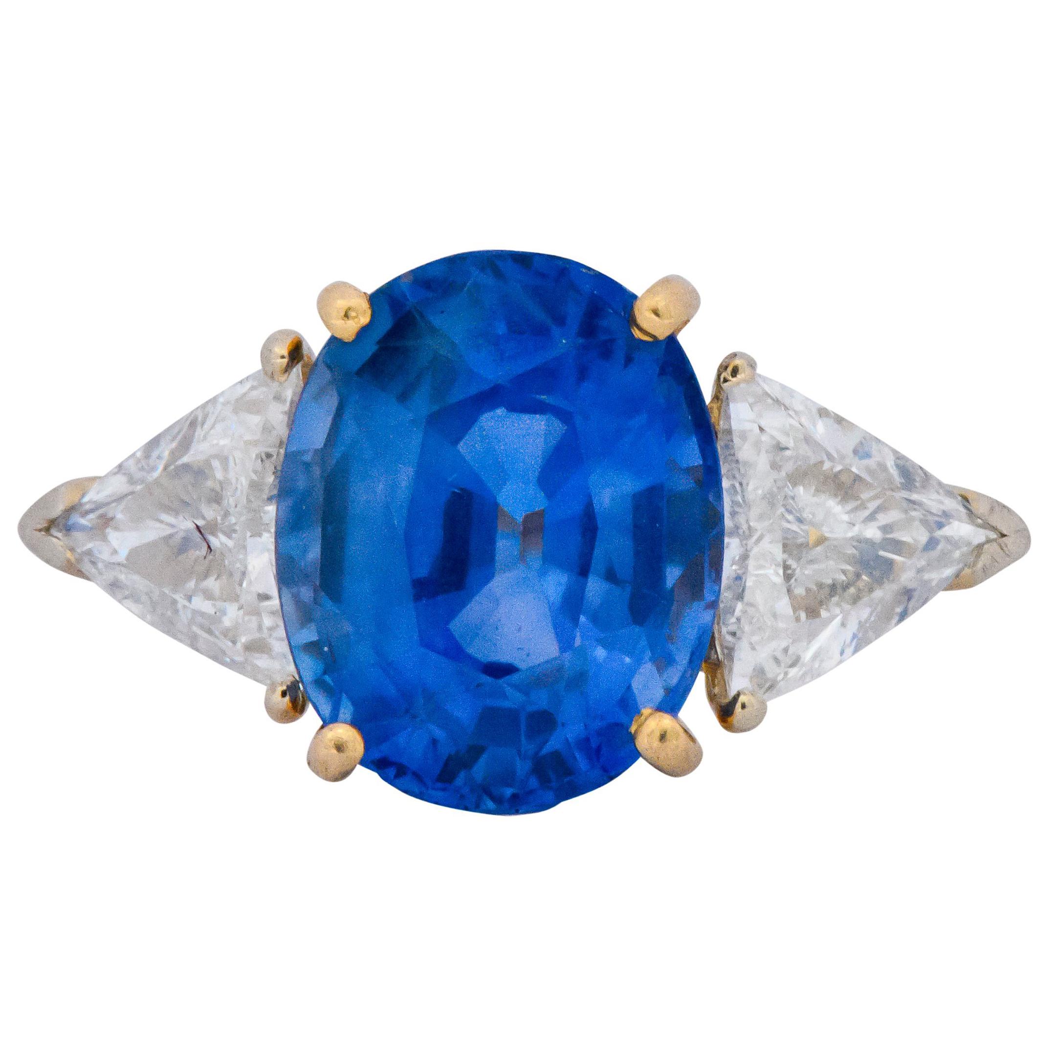 1980s 6.80 Carat Ceylon Sapphire Diamond 18 Karat Gold Ring GIA