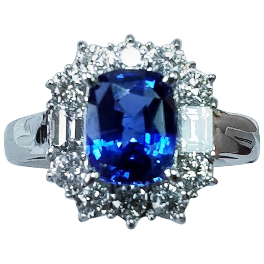 18 Karat White Gold Cushion Cut Blue Sapphire and Diamond Ring 