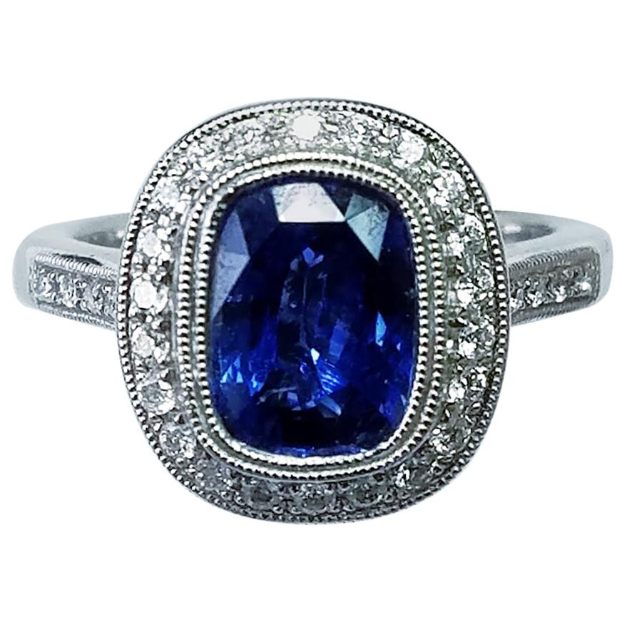 14 Karat White Gold Cushion Cut Blue Sapphire and Diamond Ring  15840