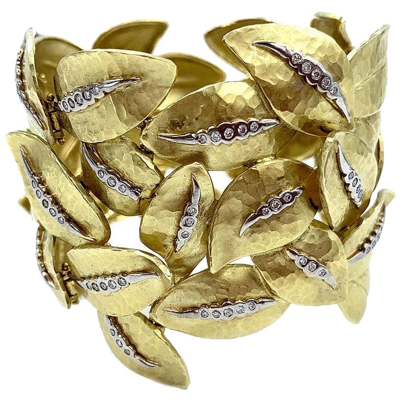 Vendorafa 18 Karat Handwrought Wide Gold and Diamond Leaf Bracelet
