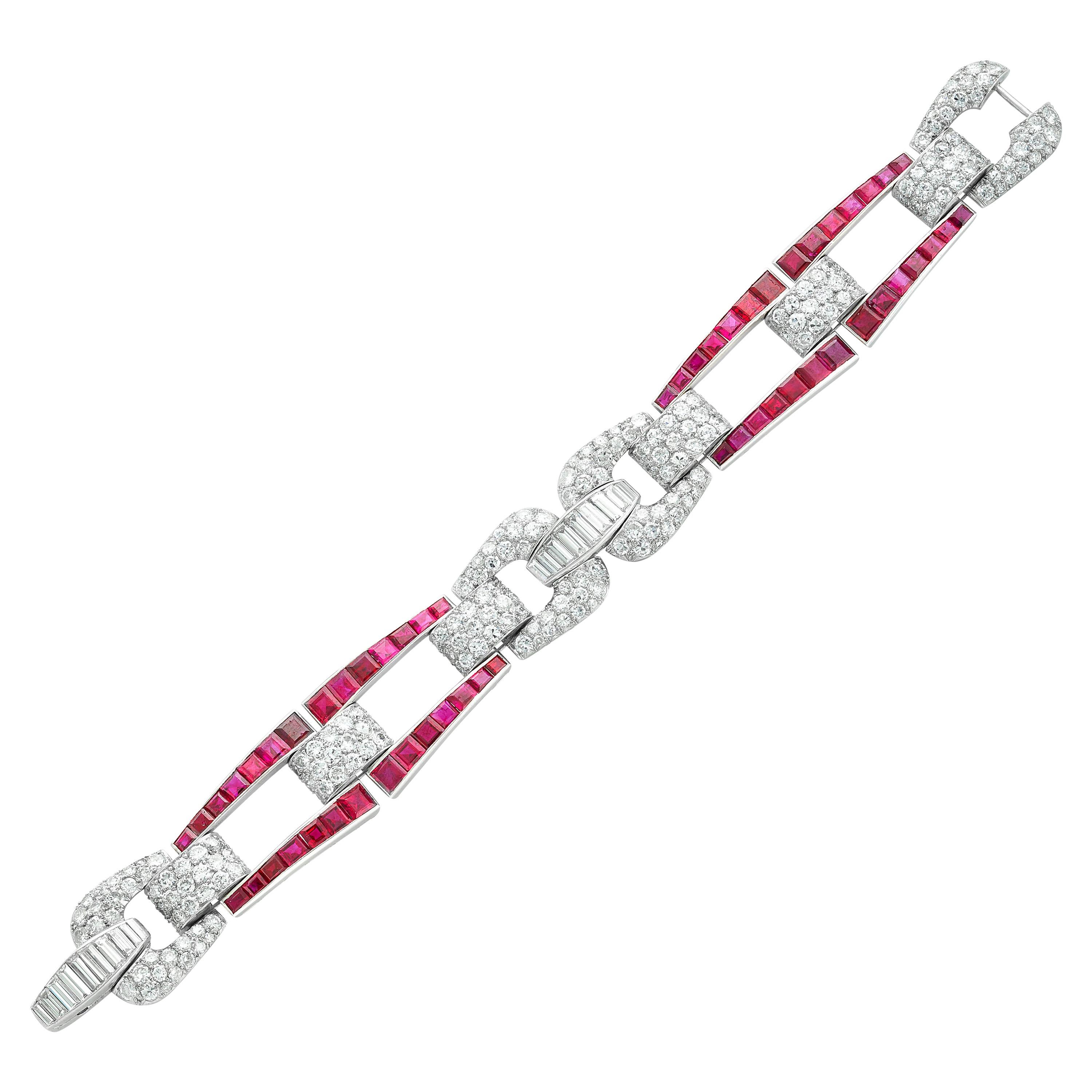 Platinum Art Deco Inspired Burma Ruby and Diamond Buckle Link Bracelet