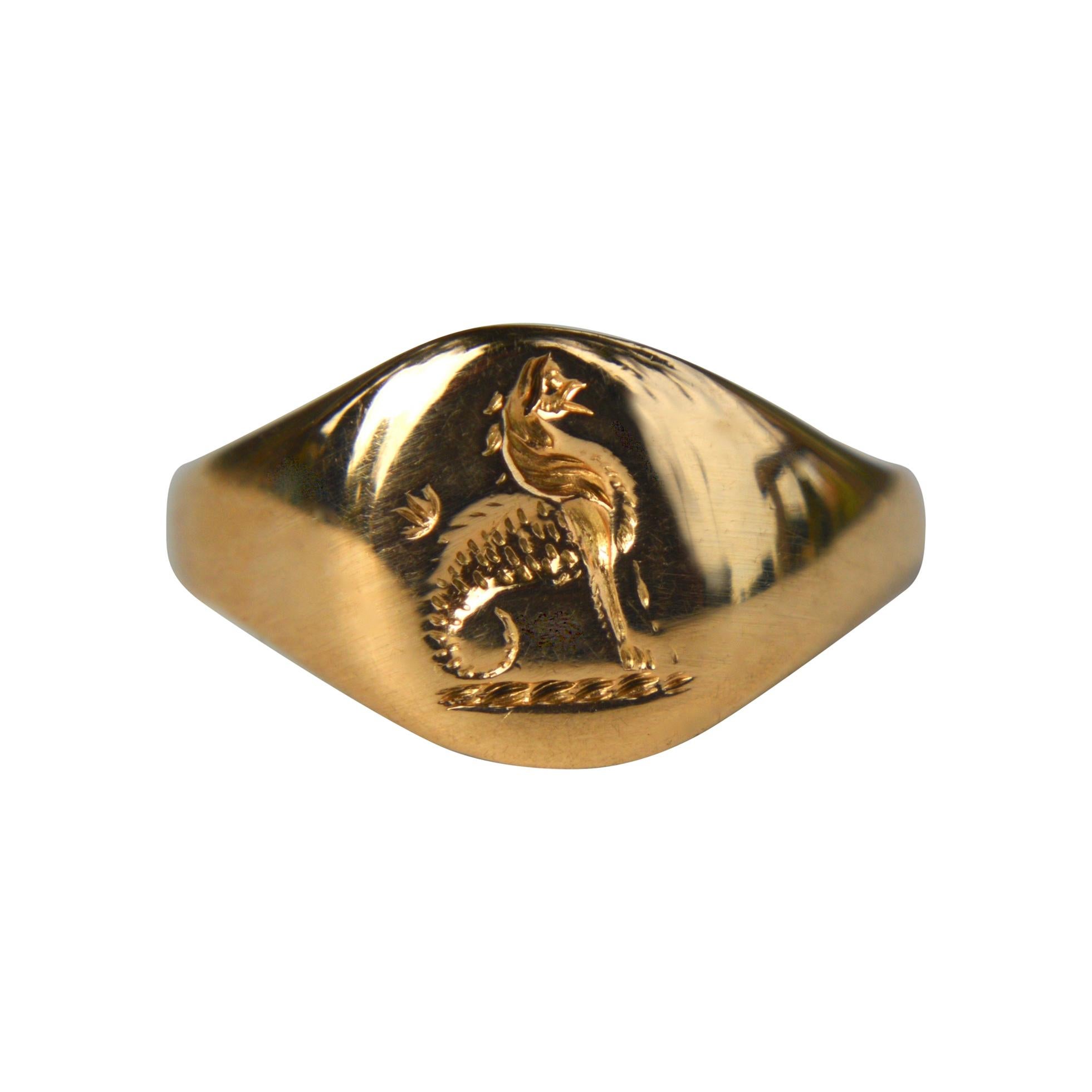 Antique English Victorian 18 Karat Gold Griffin Signet Ring