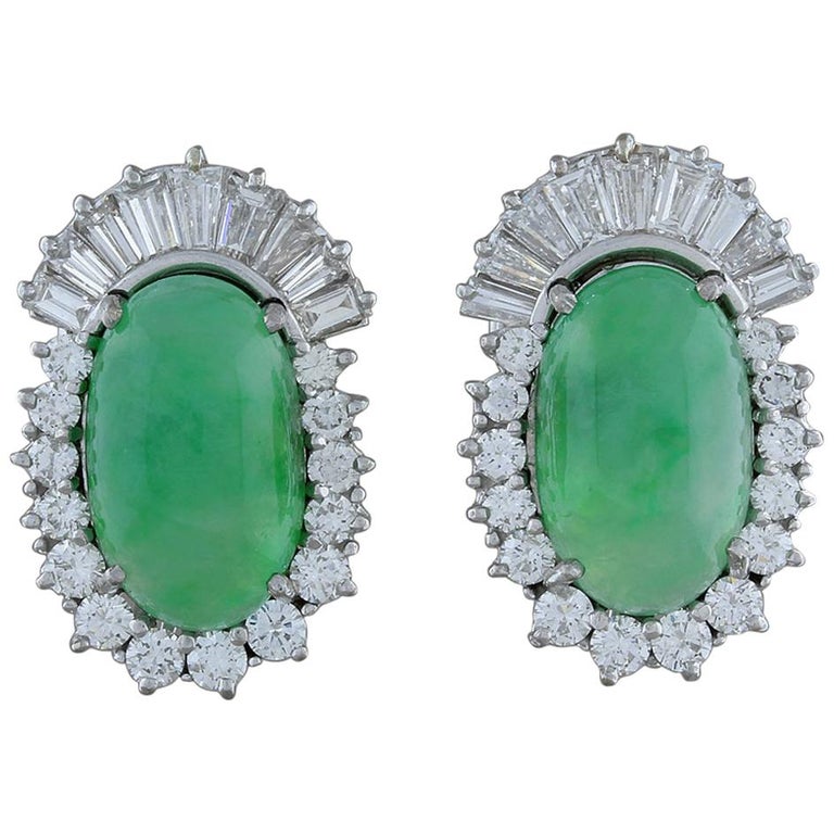 Midcentury Jadeite Jade Diamond Gold Earring For Sale at 1stDibs