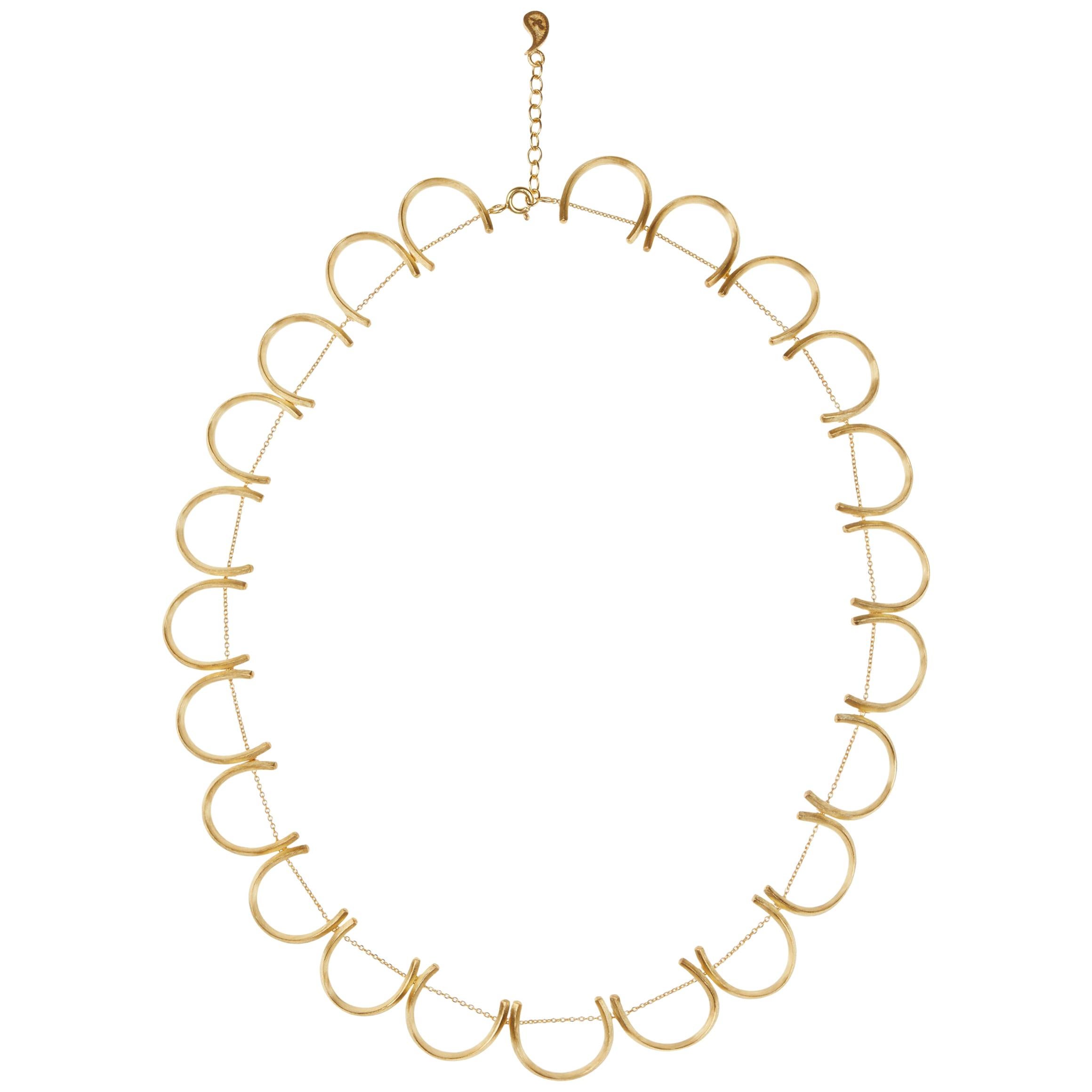 Sterling Silver Gold-Plated Round Petal Shaped Motif Greek Chain Necklace For Sale