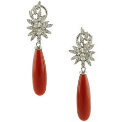 Red Rubrum Coral, Diamonds 18 Karat White Gold Earrings