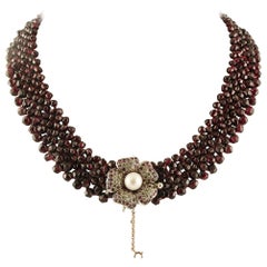 Garnet Multi-Strands Necklace, Clasp with Diamonds, Rubies and Pearl