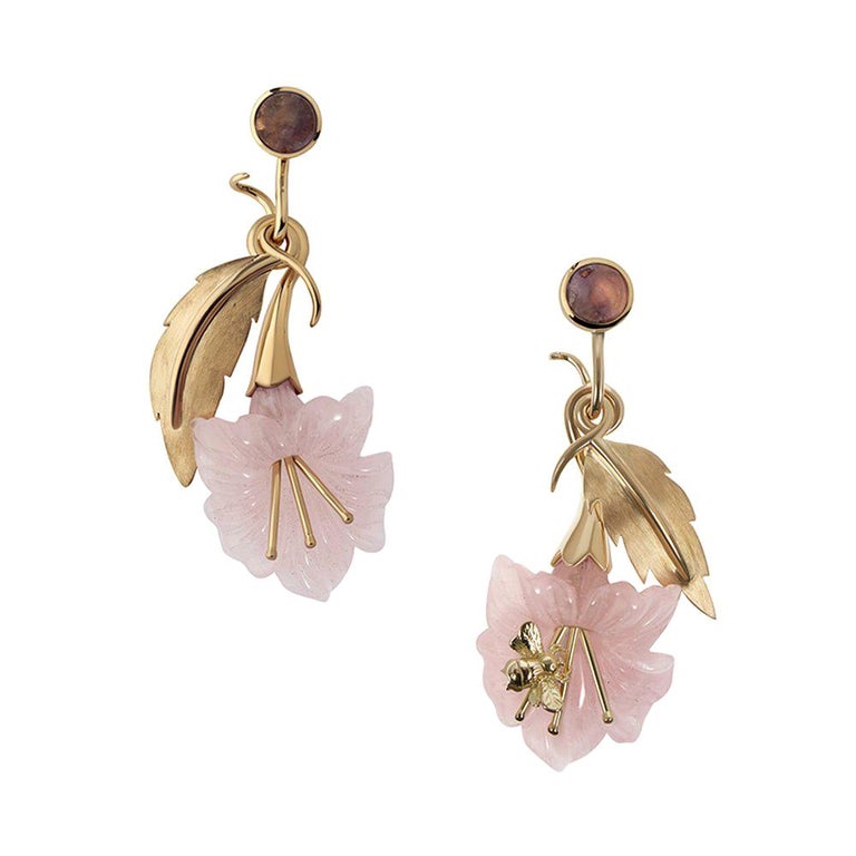 18ct Yellow Gold, Rose Quartz and Fluorite Bee and Flower Earrings For ...