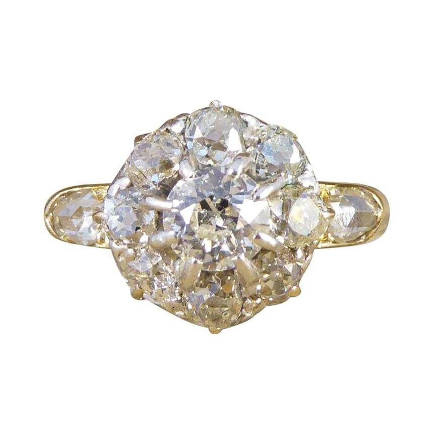 Antique Late Victorian Diamond Flower Cluster Ring in 18 Carat Yellow Gold