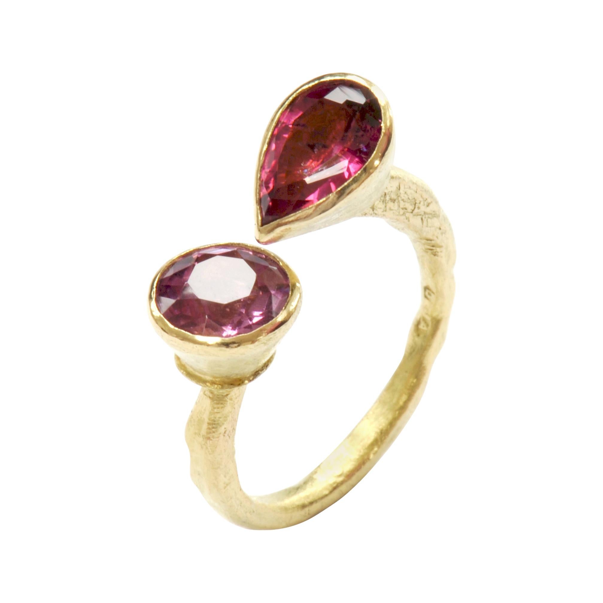 Double Pink Tourmaline 18 Karat Gold Ring Handmade by Disa Allsopp For Sale
