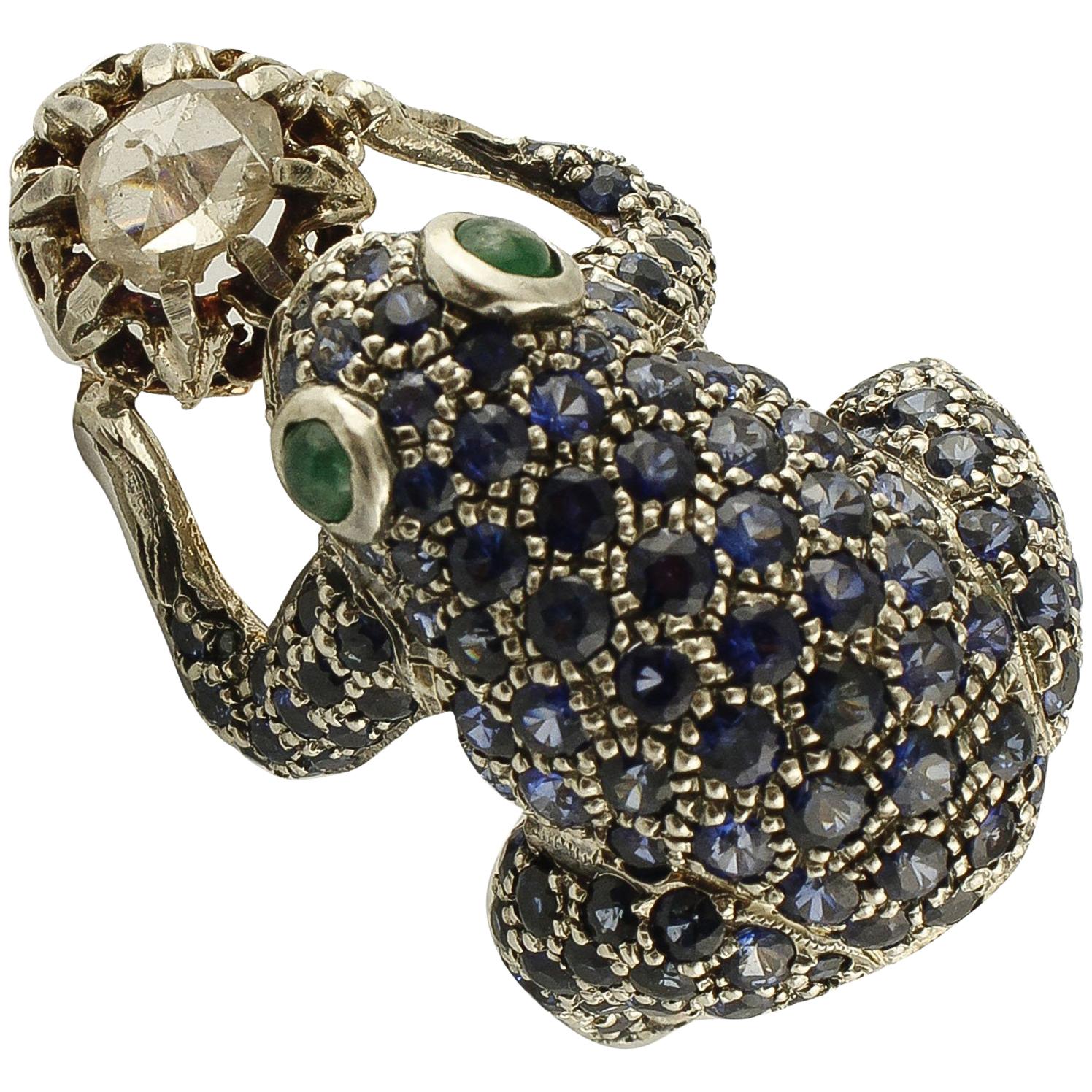 Blue Sapphires, Diamonds, Gold and Silver Frog Ring