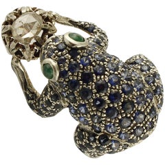 Retro Blue Sapphires, Diamonds, Gold and Silver Frog Ring