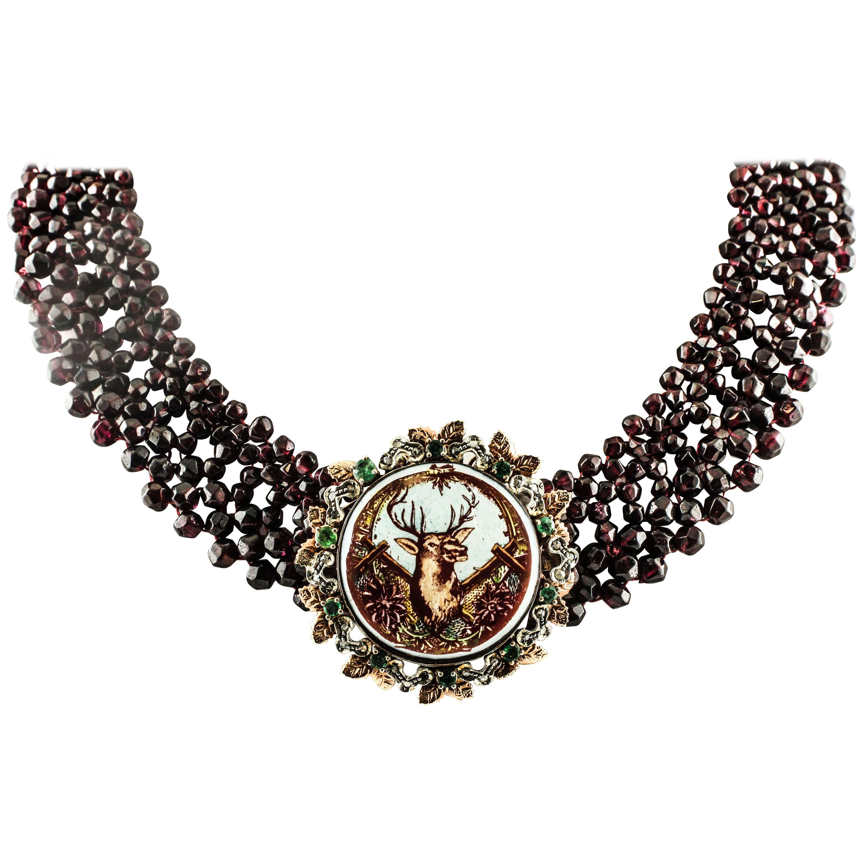 Garnet Multri-Strand Necklace, Diamonds, Emeralds, Painted Hard Stone