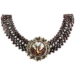 Retro Garnet Multri-Strand Necklace, Diamonds, Emeralds, Painted Hard Stone