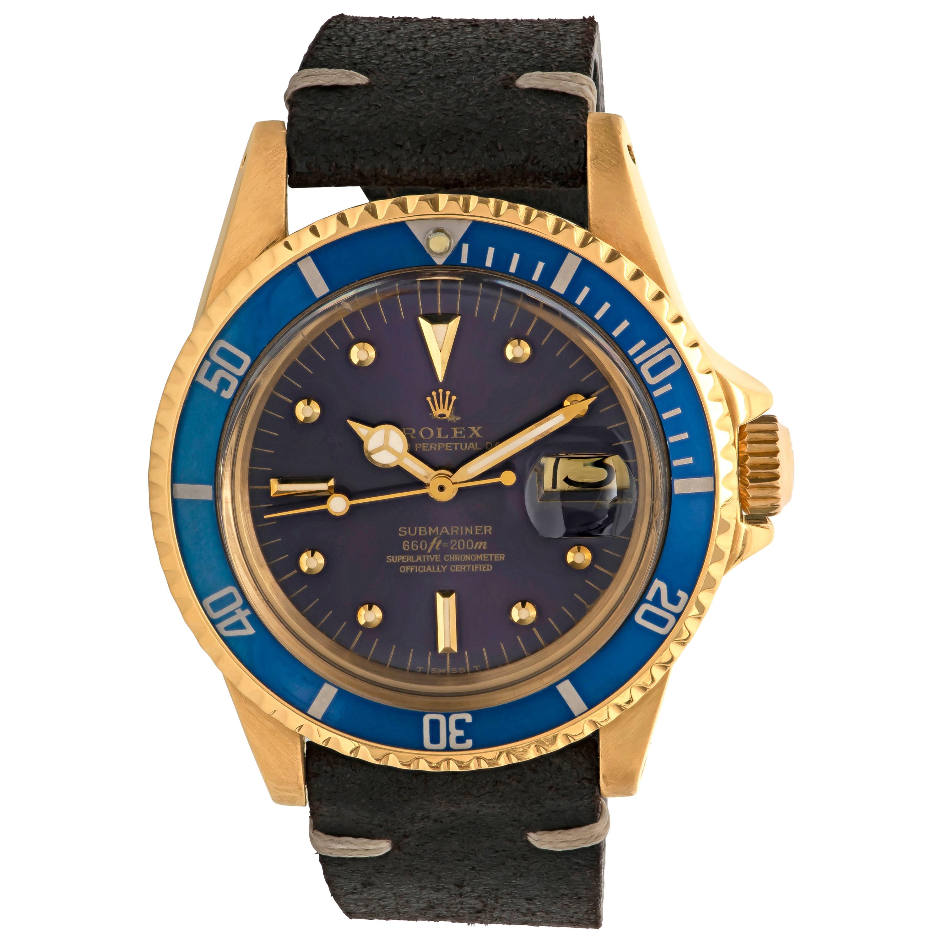Rolex Submariner Yellow Gold Blue Nipple Dial Model 1680, circa 1978 For Sale