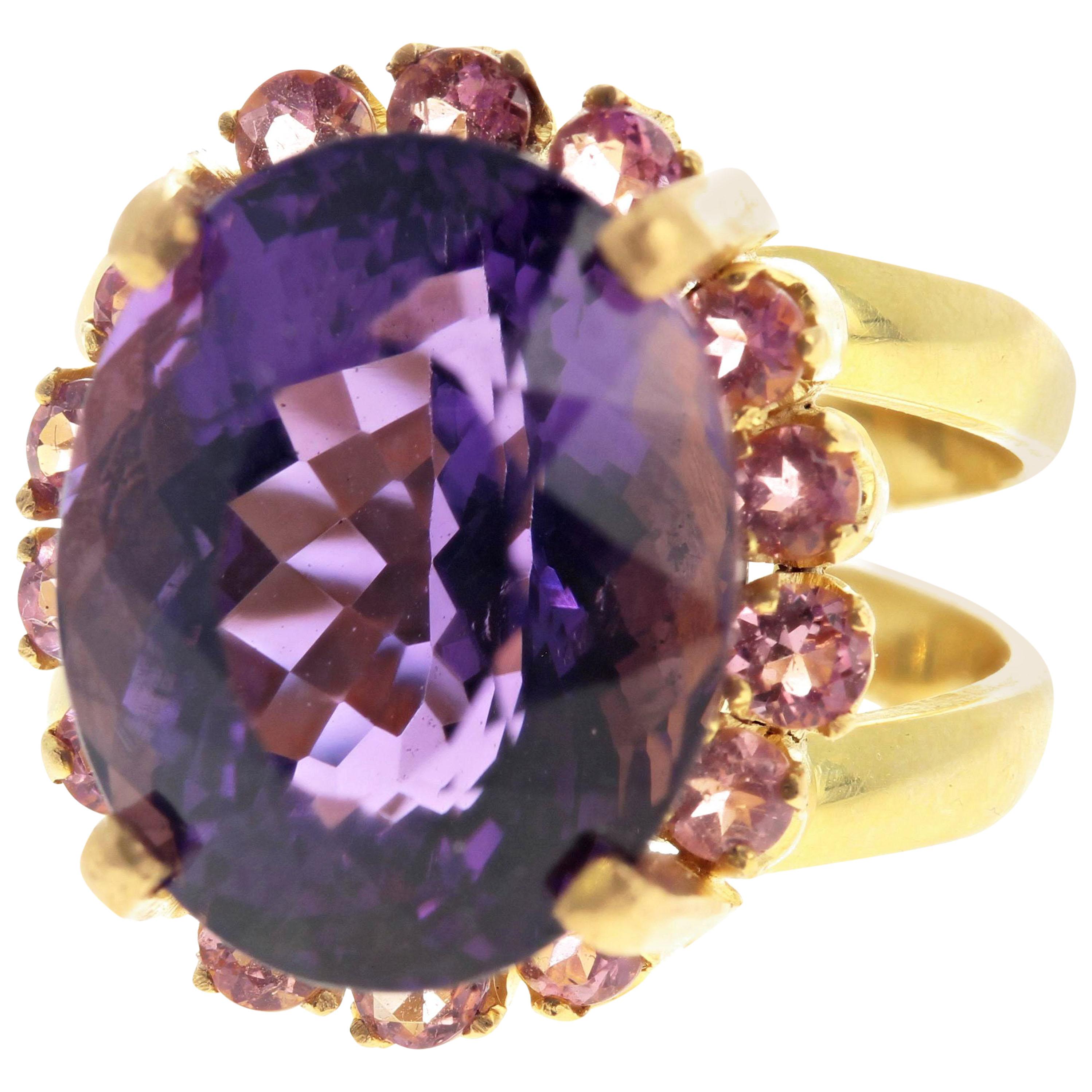 AJD Brilliant 10Cts Purple Amethyst & Pink Tourmaline Gold Ring