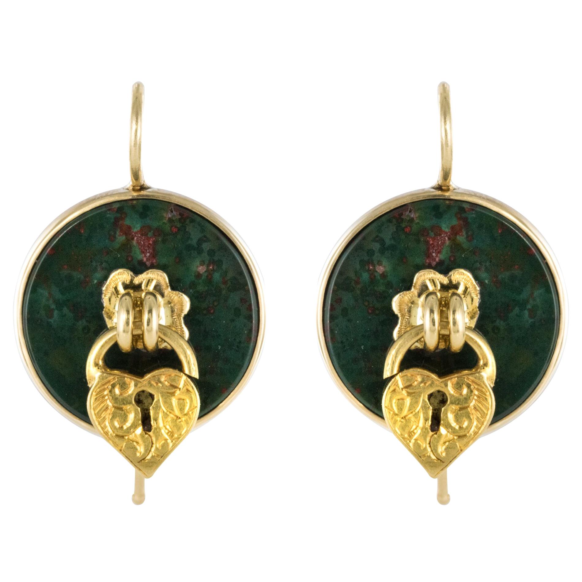 19th Century Blood Jasper 18 Karat Yellow Gold Sentimental Padlock Drop Earrings For Sale