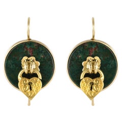 19th Century Blood Jasper 18 Karat Yellow Gold Sentimental Padlock Drop Earrings