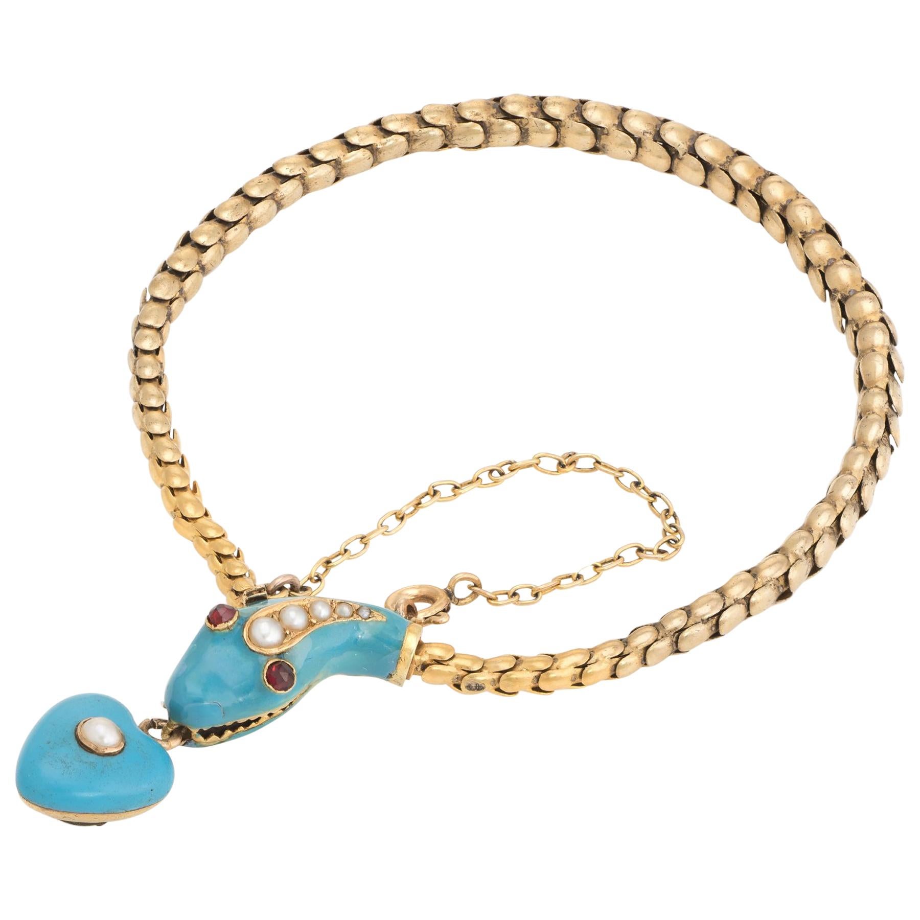 Bracelet serpent ancien victorien en or 18 carats, émail bleu, grenats et perles