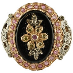Onyx Ovals, Diamonds, Rubies Gold and Silver Retro Ring