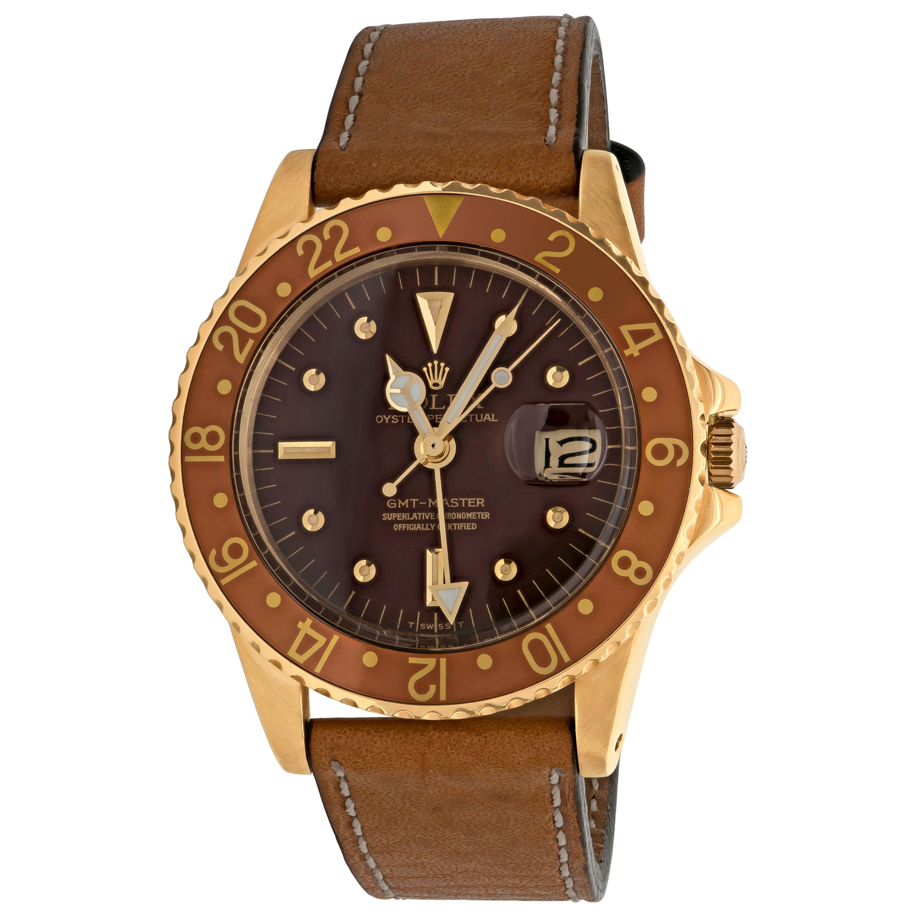 Rolex GMT "Root Beer" Yellow Gold Brown Nipple Dial Model 1675, circa 1972 For Sale