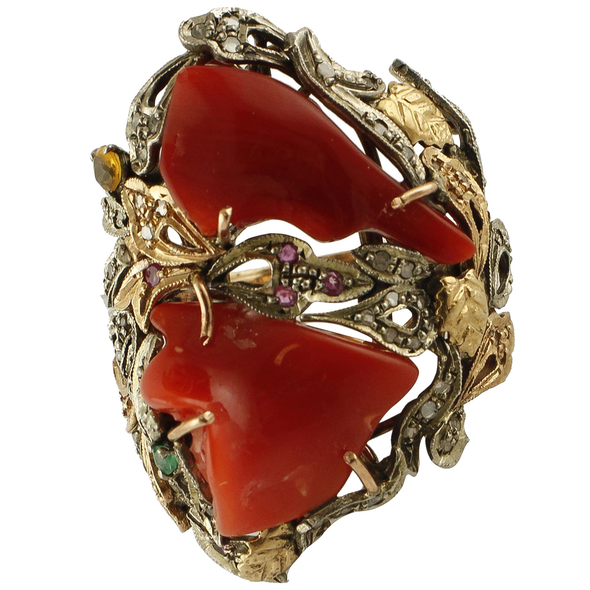 Corals, Diamonds, Rubies, Emeralds, Gold and Silver Retro Cocktail Ring