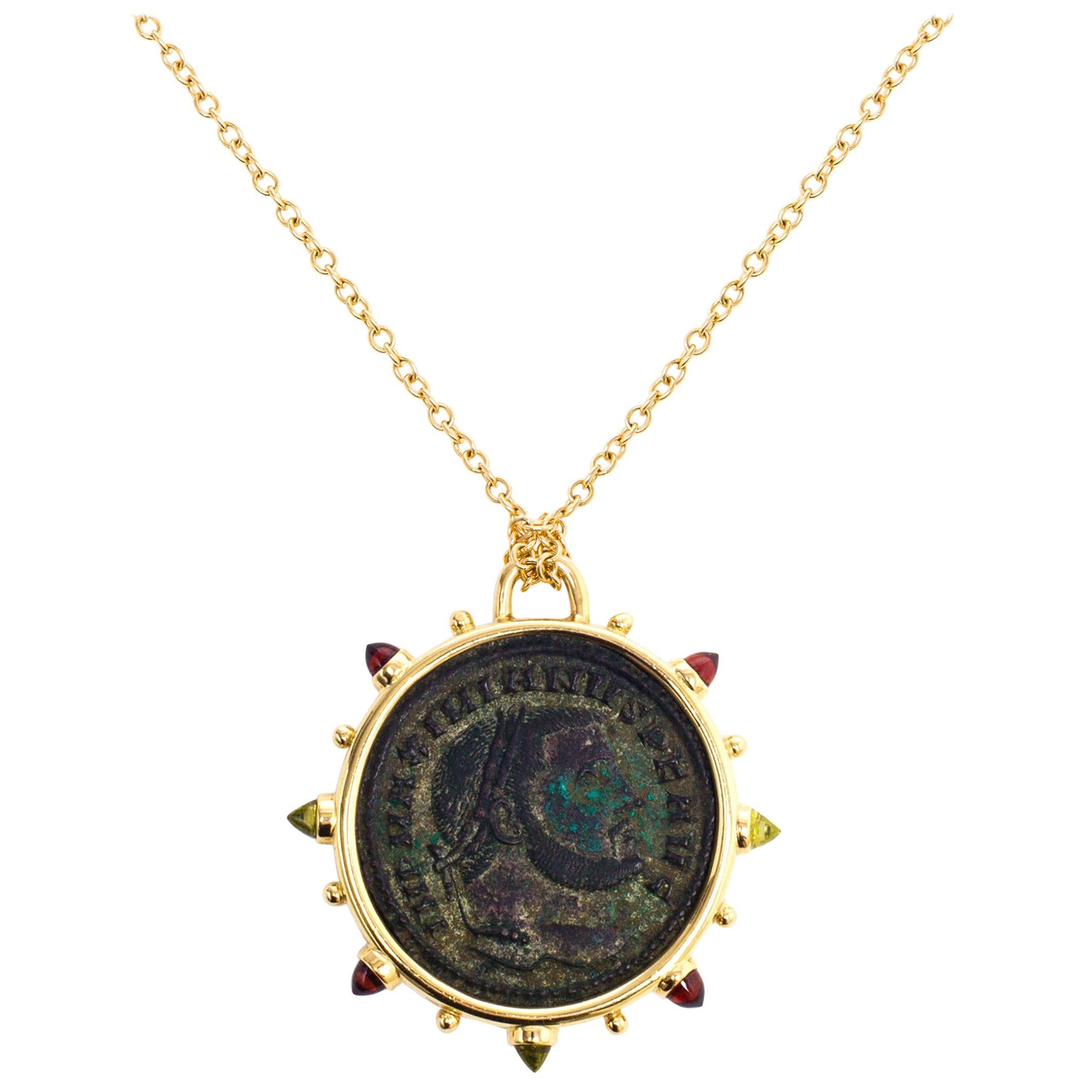 Dubini Empires Ancient Bronze Coin Medallion 18 Karat Yellow Gold Necklace For Sale