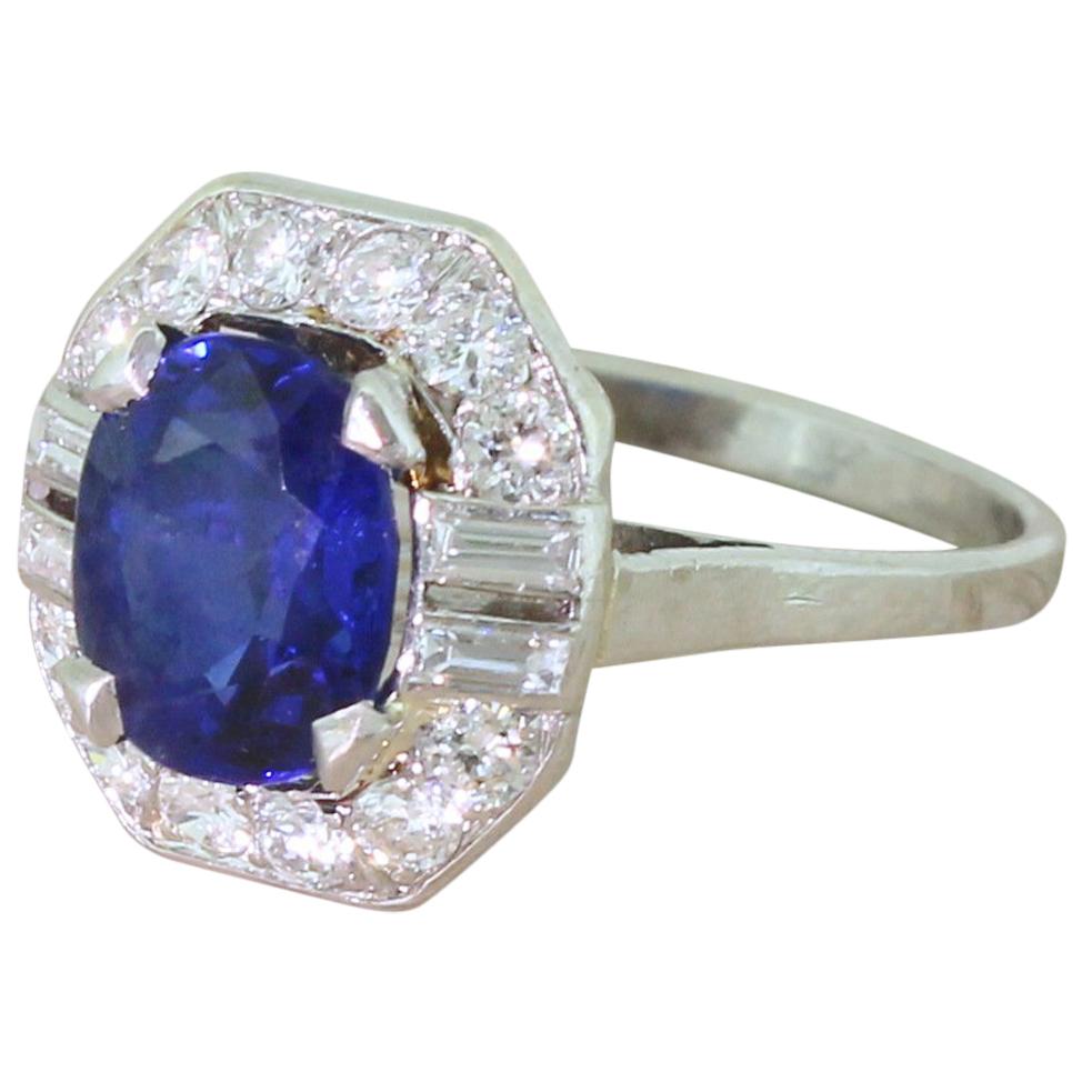 Art Deco 3.00 Carat Natural No Heat Sapphire and Diamond Platinum Ring For Sale