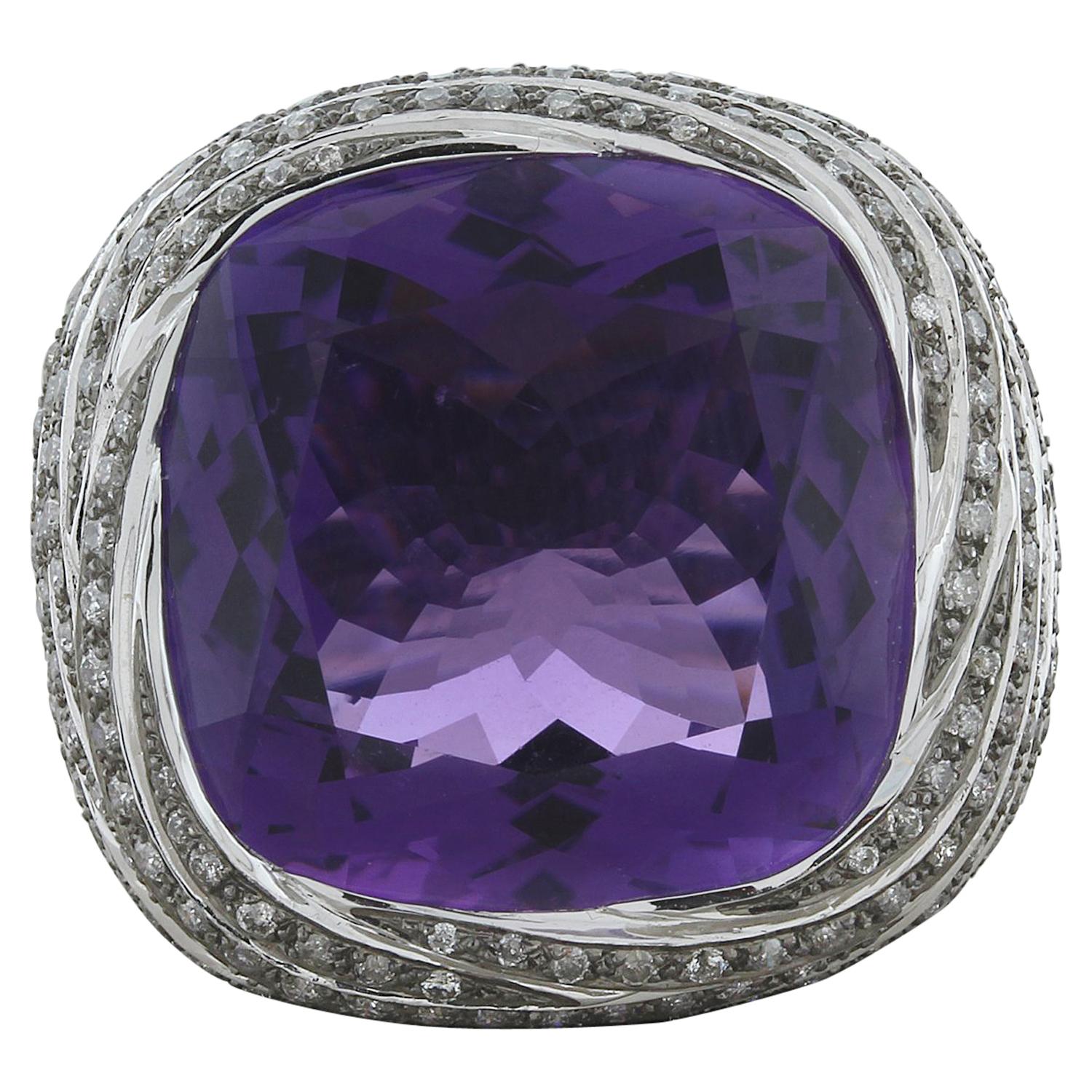 Large Amethyst Diamond Gold Cocktail Ring
