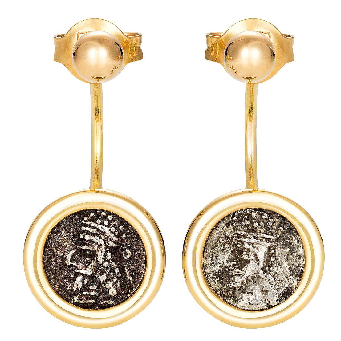 Dubini Kings of Persis Ancient Silver Coin 18 Karat Yellow Gold Earrings For Sale