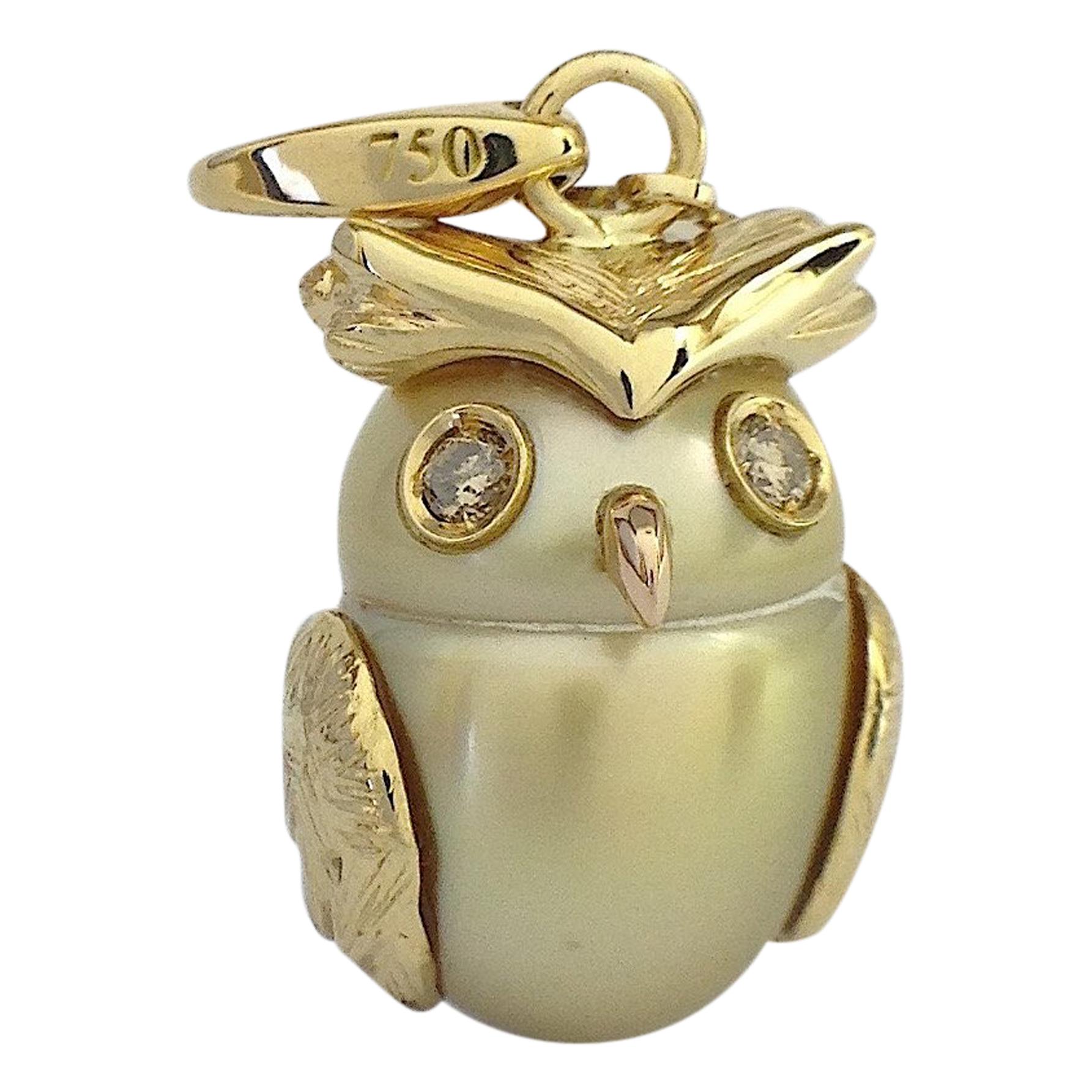 Owl Diamond 18K Gold Australian Pearl  Charm or Pendant Necklace