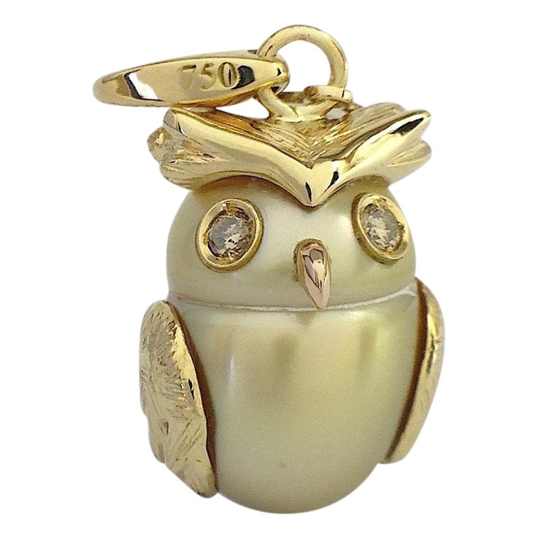 Owl Diamond 18K Gold Australian Pearl Charm or Pendant Necklace at