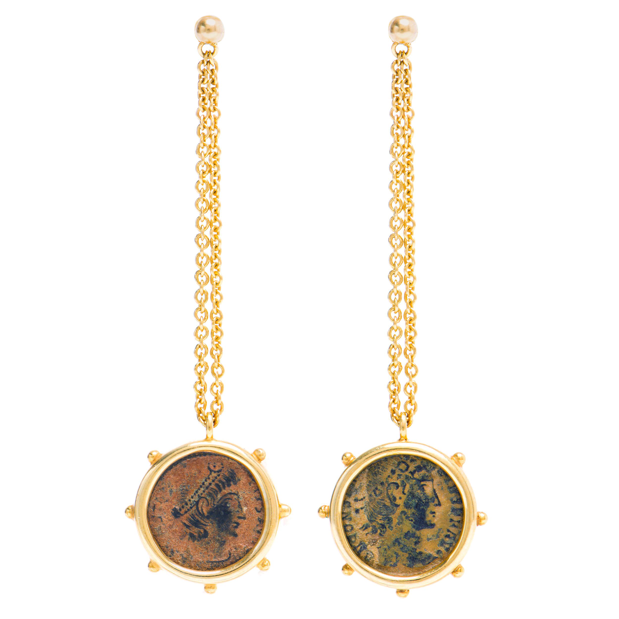 Dubini Empires Ancient Bronze Coin 18 Karat Yellow Gold Earrings For Sale