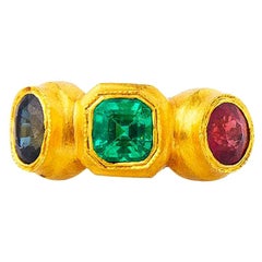 Antique 24 Karat Gold Handcrafted Roman Style Emerald Ruby and Sapphire Three-Stone Ring